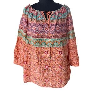 Ralph Lauren Orange Paisley Cotton Peasant Top Boho Off Shoulder Large Casual